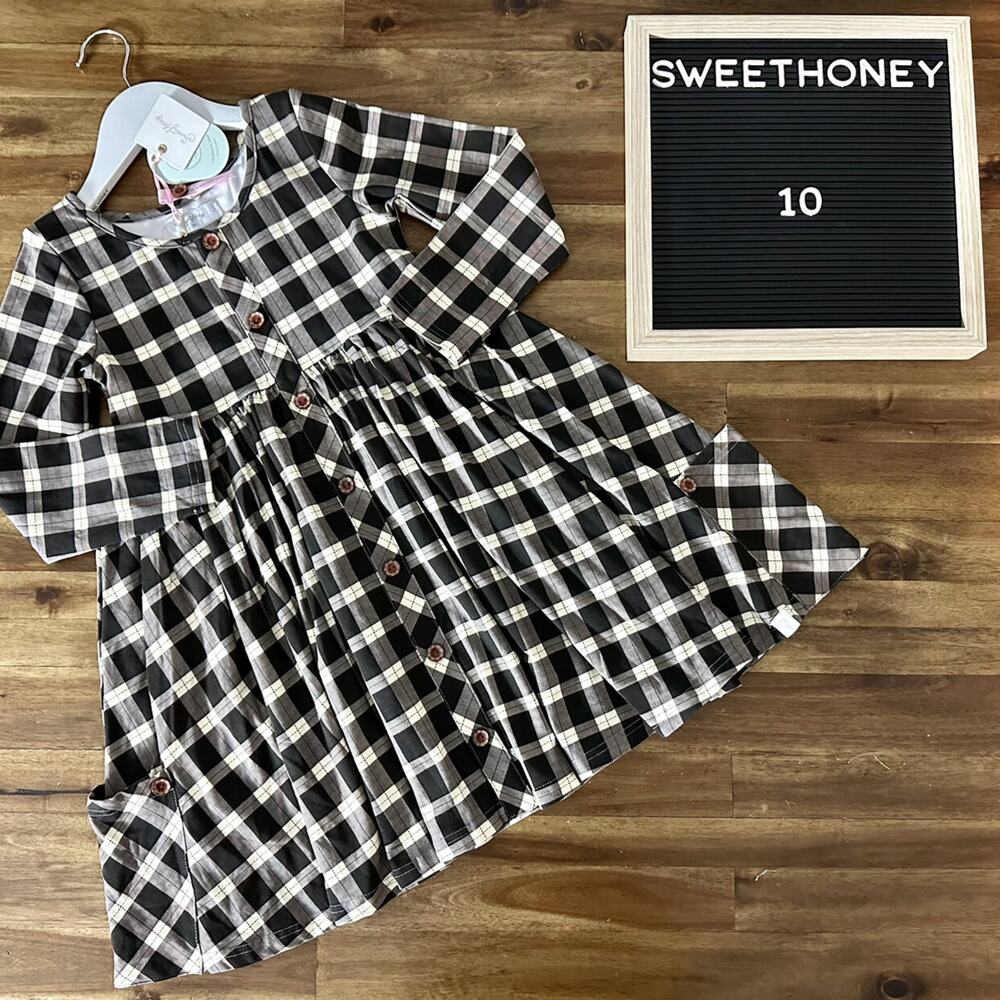 NWT SweetHoney Prim Dress Black Plaid Classic Girl Knit Long Sleeve Twirl Girls